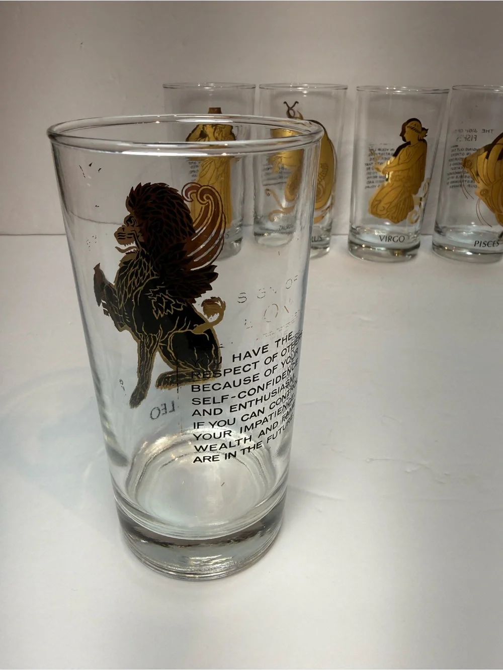 Vintage MCM Hocking 22K Gold Zodiac Highball Glass Tumblers Set of 5 - Picture 3 of 12